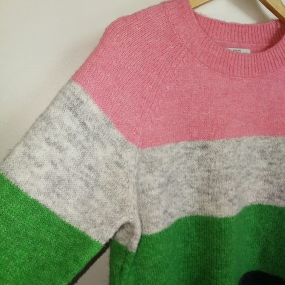 Medium ONLY Oversized Color Block Stripes Wool Crewneck Chunky Knit Sweater - Picture 7 of 12